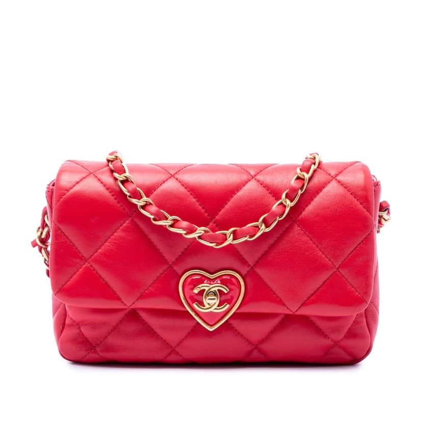 Chanel Small Quilted Lambskin Coco Love Flap Red Leather Very good condition - Front View