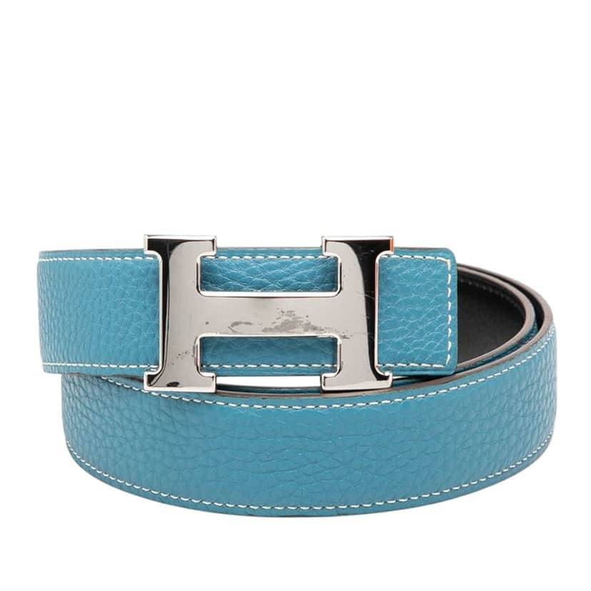 Hermès Togo and Box Calf Constance H Reversible Belt Blue Leather Very good condition - Front View