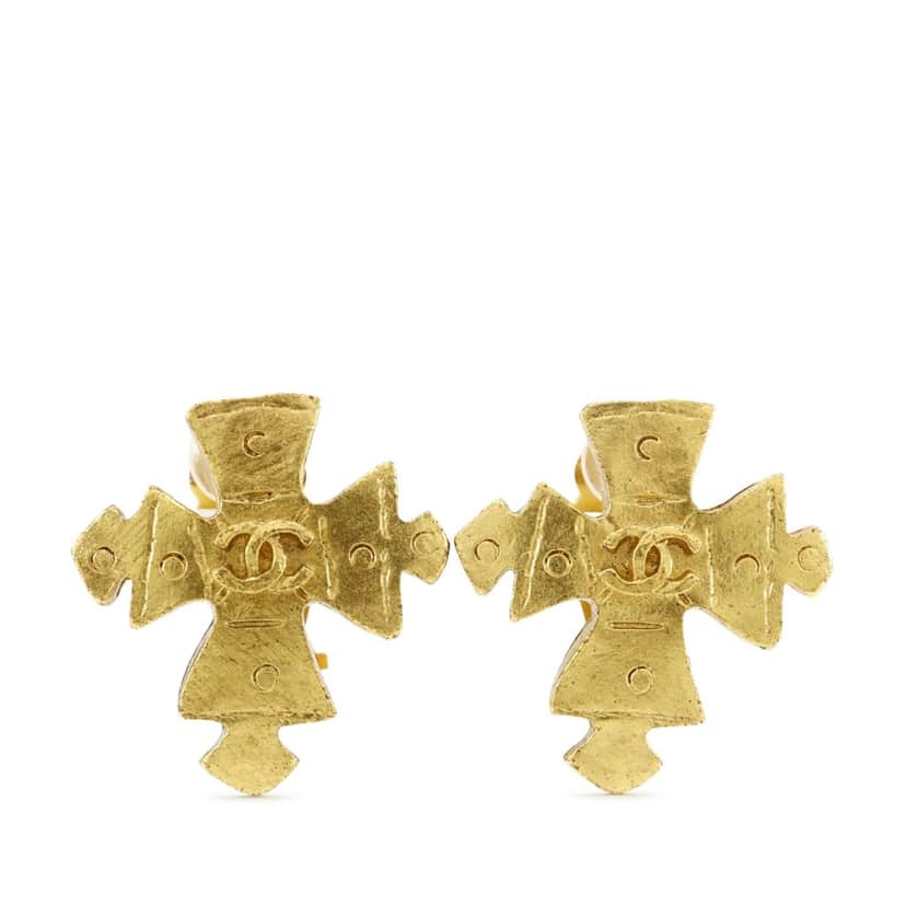 Chanel CC Gold Plated Cross Clip On Earrings Gold Metal Very good condition - Front View