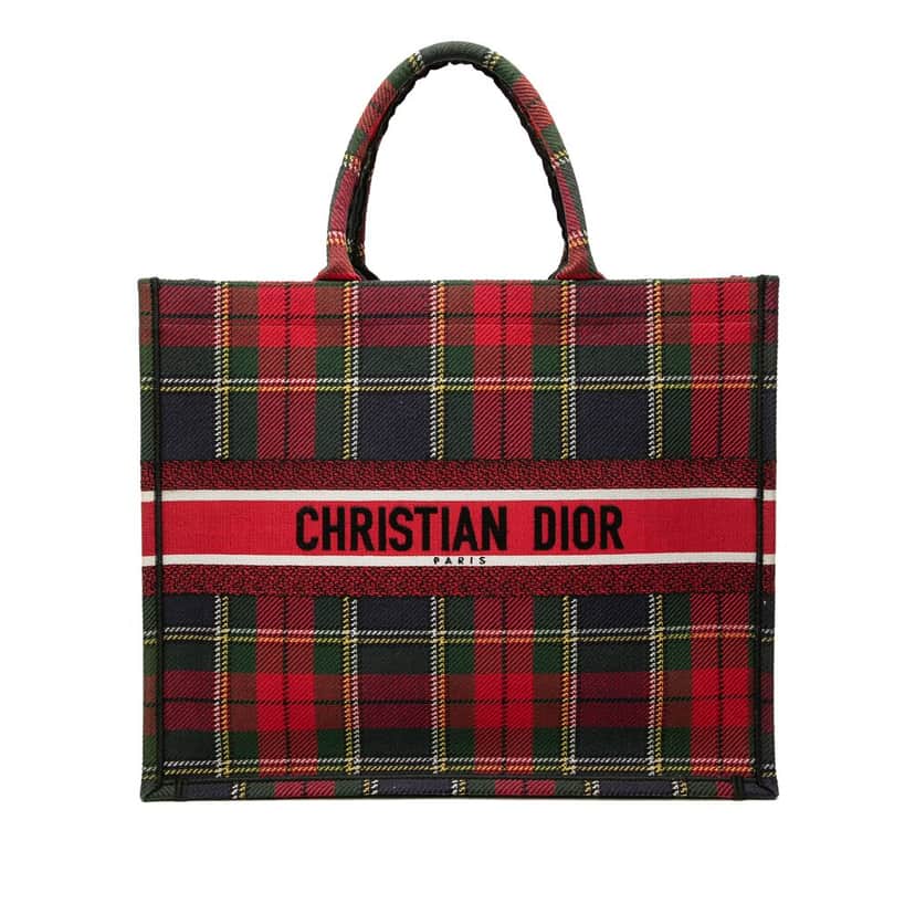 Dior Large Embroidered Canvas Tartan Check Book Tote White Very good condition - Front View