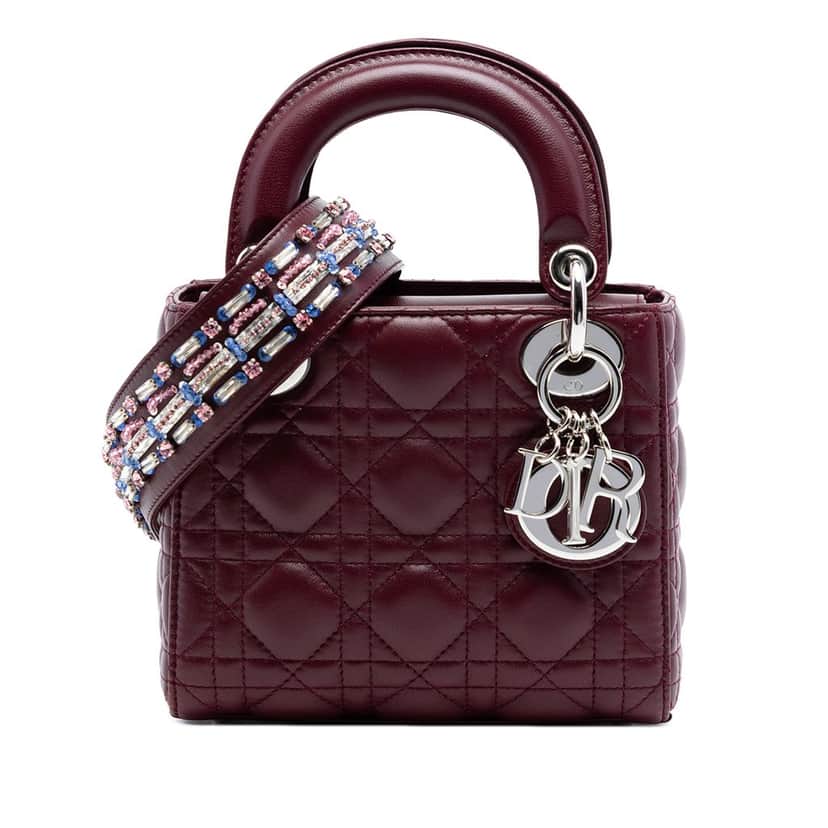 Dior Mini Lambskin Cannage Crystal Strap Lady Dior Red Leather Very good condition - Front View