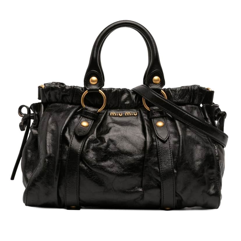 Miu Miu Vitello Lux Gathered Satchel Black Leather Very good condition - Front View
