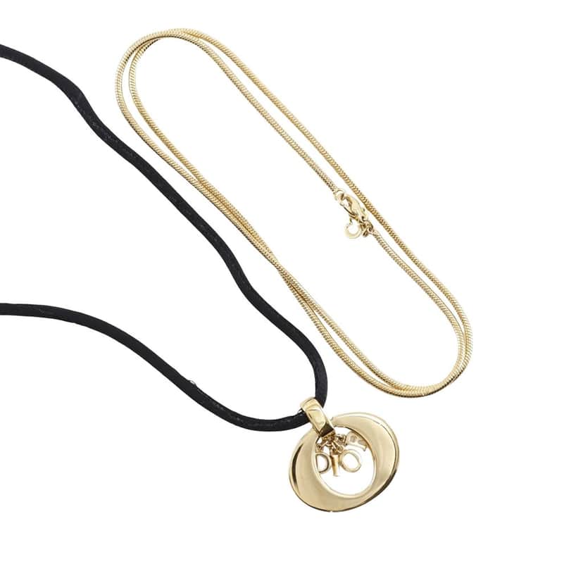 Dior Convertible Gold Plated Logo Oval Pendant Necklace Gold Metal Very good condition - Front View