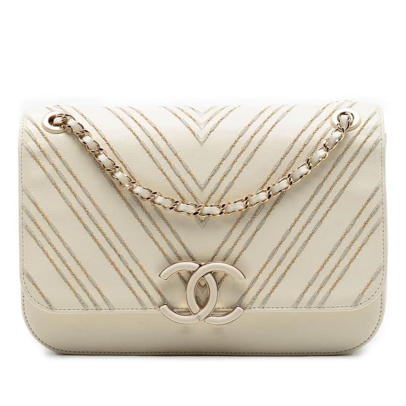 Chanel Large Chevron Sheepskin Subtle Flap White Leather Very good condition - Front View