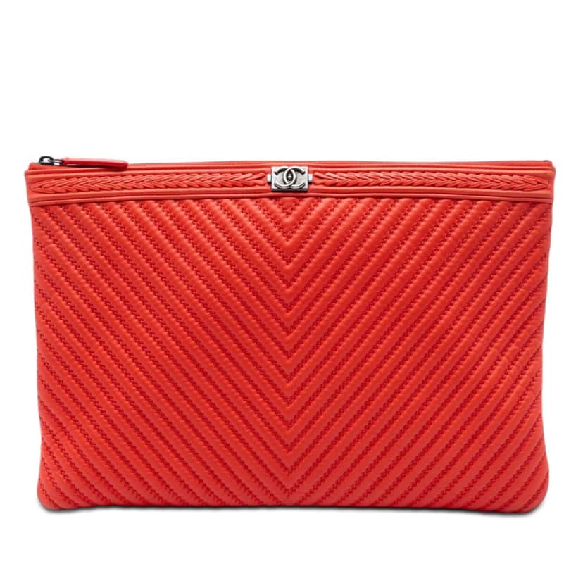 Chanel Large Chevron Lambskin Double Stitch Boy O Case Clutch Red Leather Very good condition - Front View