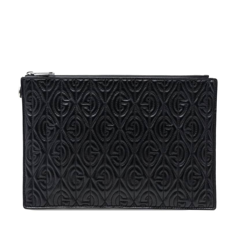 Gucci Quilted Leather G Rhombus Zip Clutch Black Leather Very good condition - Front View