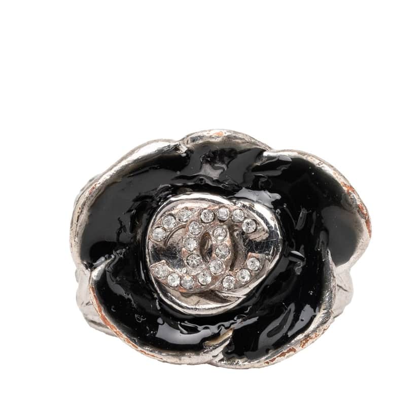 Chanel CC Brass and Strass Enamel Camellia Ring Black Metal Very good condition - Front View