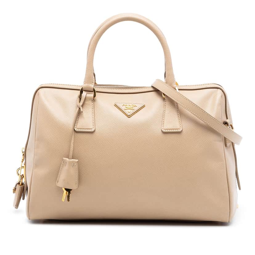 Prada Saffiano Lux Boston Bag Beige Leather Very good condition - Front View