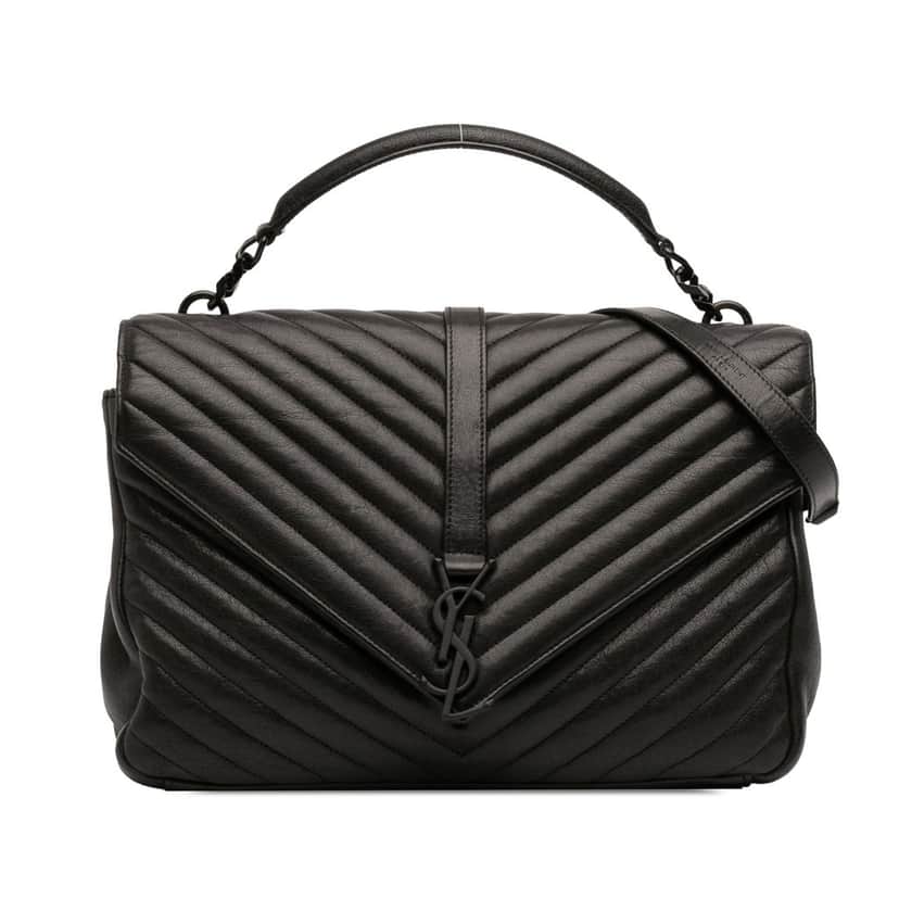 Saint Laurent Large Sheepskin Chevron Monogram Monochrome College Bag Black Leather Very good condition - Front View