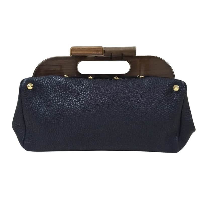 Fendi Fendi Black Leather Walnut Wood Handle Clutch Bag Pre-Owned Black Leather Good condition - Front View