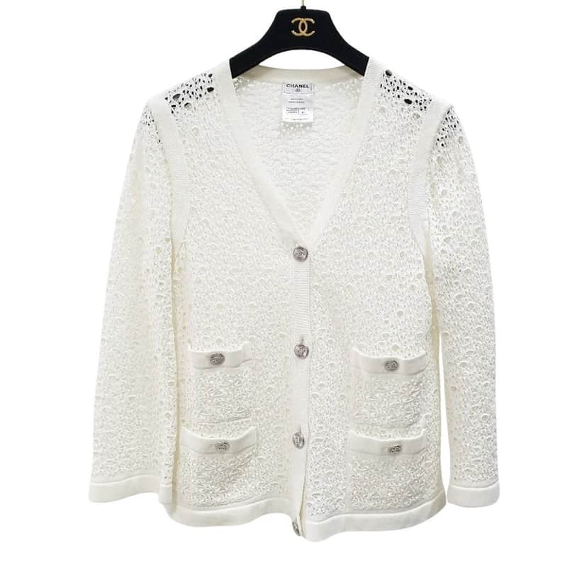 Chanel Chanel White Crochet Cotton Cardigan Button-Up Sz. 44 Pre-owned White Cotton Good condition - Front View
