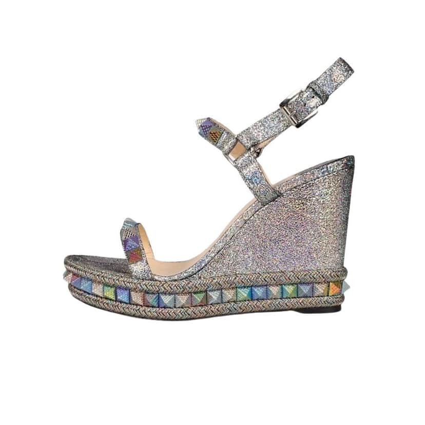 Christian Louboutin Christian Louboutin Pyraclou 110 Leather Open-Toe Sandals Sz.39 Pre-owned Silver Leather Good condition - Front View