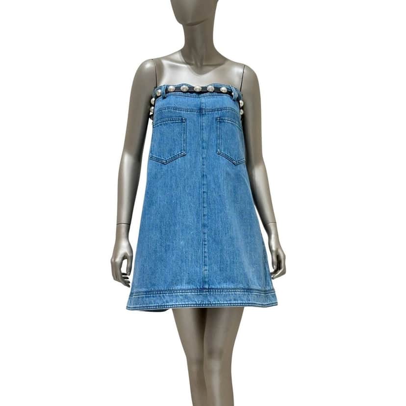 Chanel Chanel 2013 Strapless Denim Pearl Belt Dress with Sz. 38 pre-owned Blue Denim Good condition - Front View