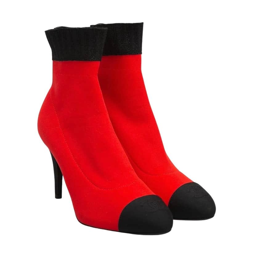 Chanel NWOB Chanel 2019 Red & Black Knit Sock Booties, Size 41 pre-owned Black Leather Never worn - Front View