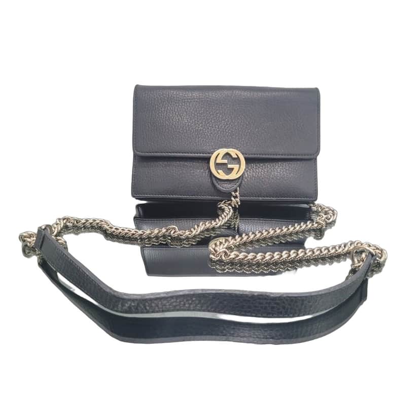 Gucci Gucci Interlocking G Black Leather Wallet on Chain Pre-owned Black Leather Good condition - Front View