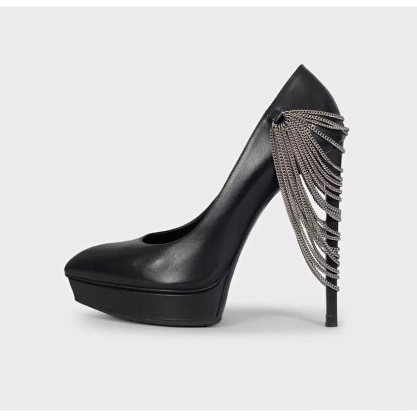 Saint Laurent Saint Laurent Chain-Detail Black Leather Heels Sz.37 Pre-owned Black Leather Good condition - Front View