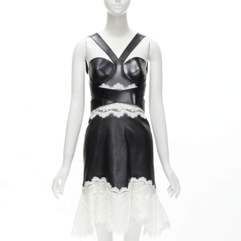 Alexander McQueen Lace Bustier Dress Black Leather Never worn - Front View