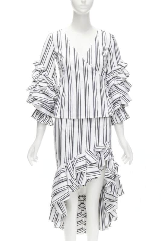 Caroline Constas Ruffled Stripes Set White Cotton Never worn - Front View