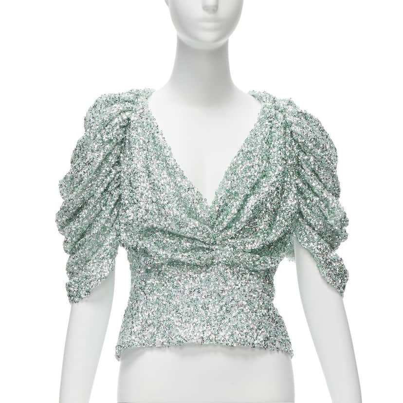 Halpern Sequin Puff Top Green Polyester Never worn - Front View
