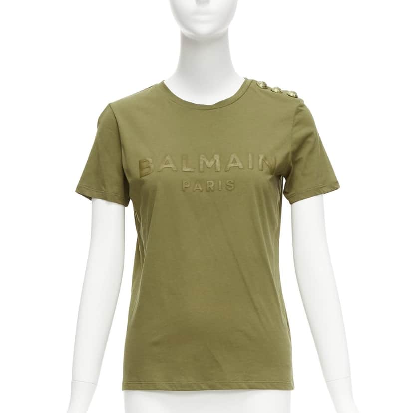 Balmain Distressed Logo Shirt Green Cotton Very good condition - Front View