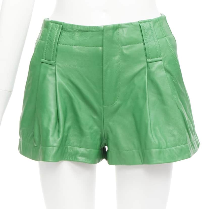 Ganni Flared Leather Shorts Green Leather Very good condition - Front View