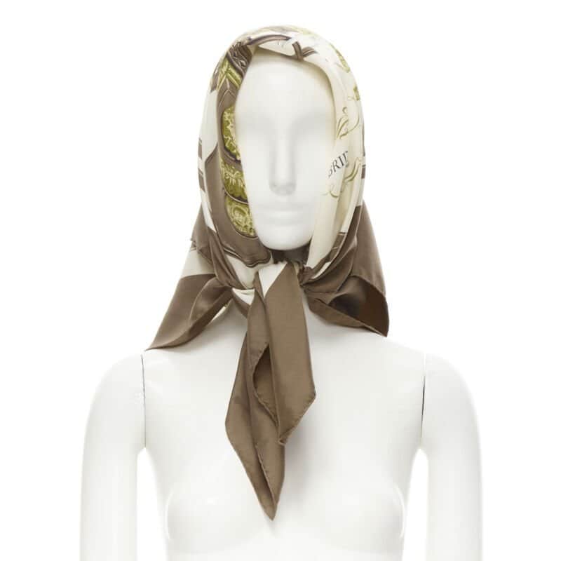 Hermes Brides Print Scarf Brown Silk Good condition - Front View