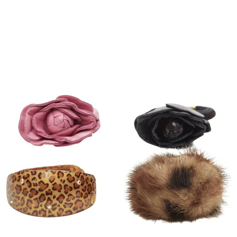 NON SIGNE / UNSIGNED Rose Fur Hair Tie MultiColor Leather Very good condition - Front View