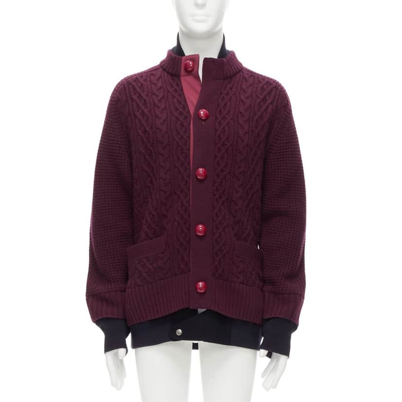 Sacai Layered Hem Cardigan Burgundy Wool Very good condition - Front View