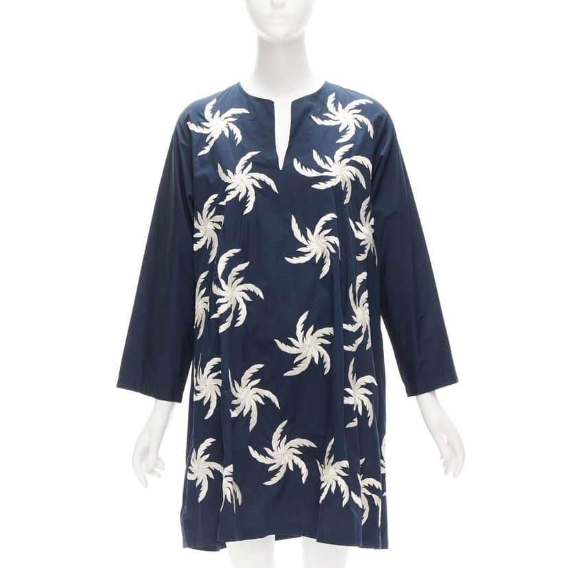 Dries Van Noten Floral Boxy Dress Navy Cotton Never worn - Front View
