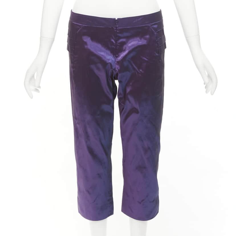 Shiatzy Chen Holographic Knee Pants Purple Silk Never worn - Front View