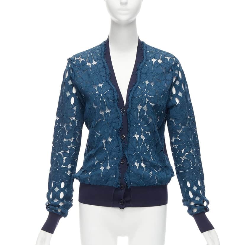 Lanvin Floral Lace Cardigan Blue Silk Never worn - Front View