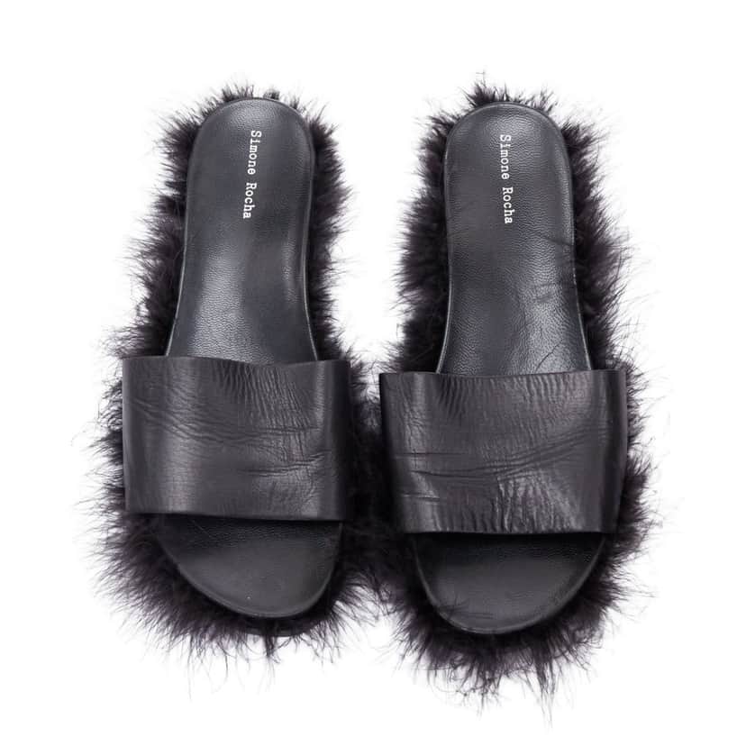 Simone Rocha Feather Trimmed Slides Black Leather Good condition - Front View
