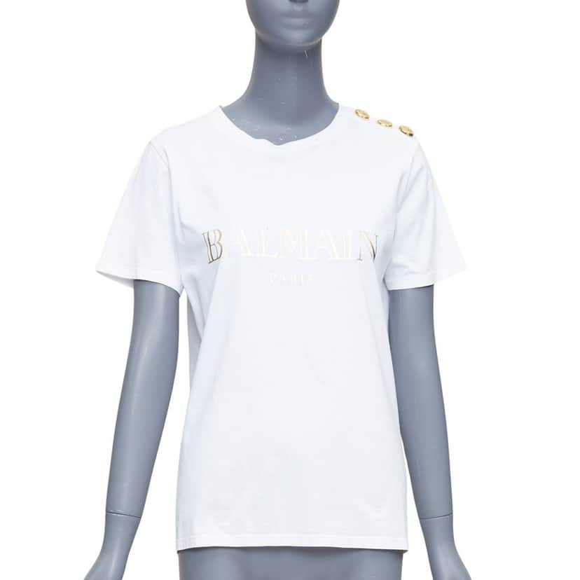 Balmain Gold Foil Logo Tee White Cotton Good condition - Front View