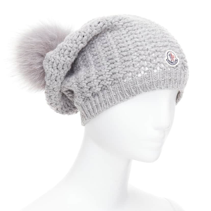 Moncler Fur Pom Knit Beanie Grey Very good condition - Front View