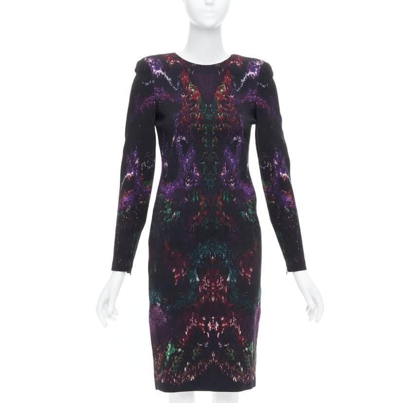 Alexander McQueen Feather Print Dress Black Wool Never worn - Front View