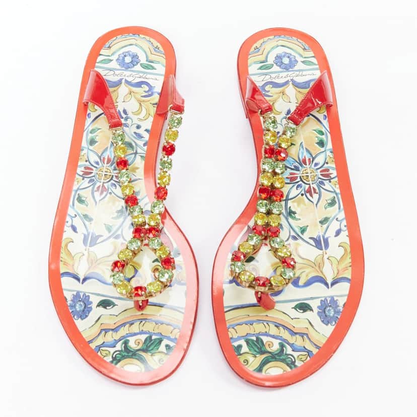 DOLCE & GABBANA Crystal Majolica Sandals Red Leather Good condition - Front View