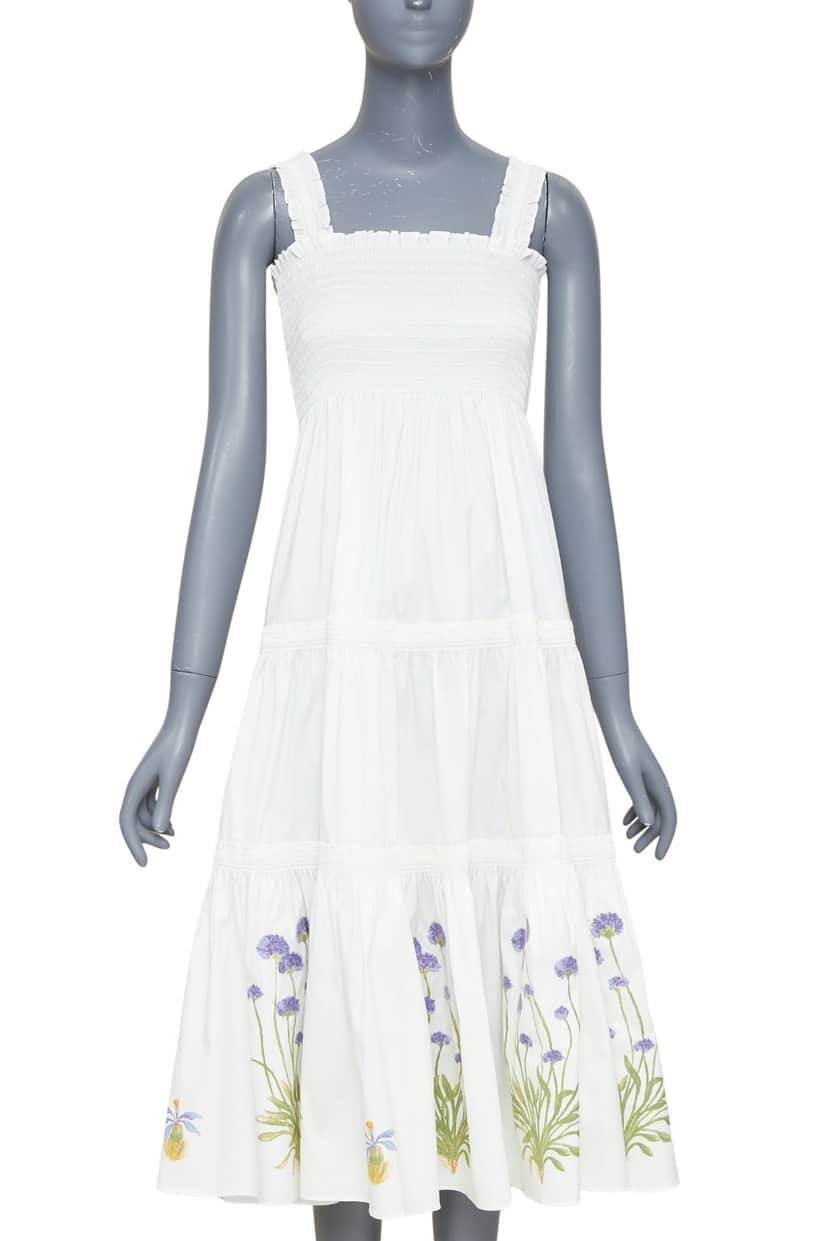 Tory Burch Embroidered Smocked Midi Beige Cotton Very good condition - Front View