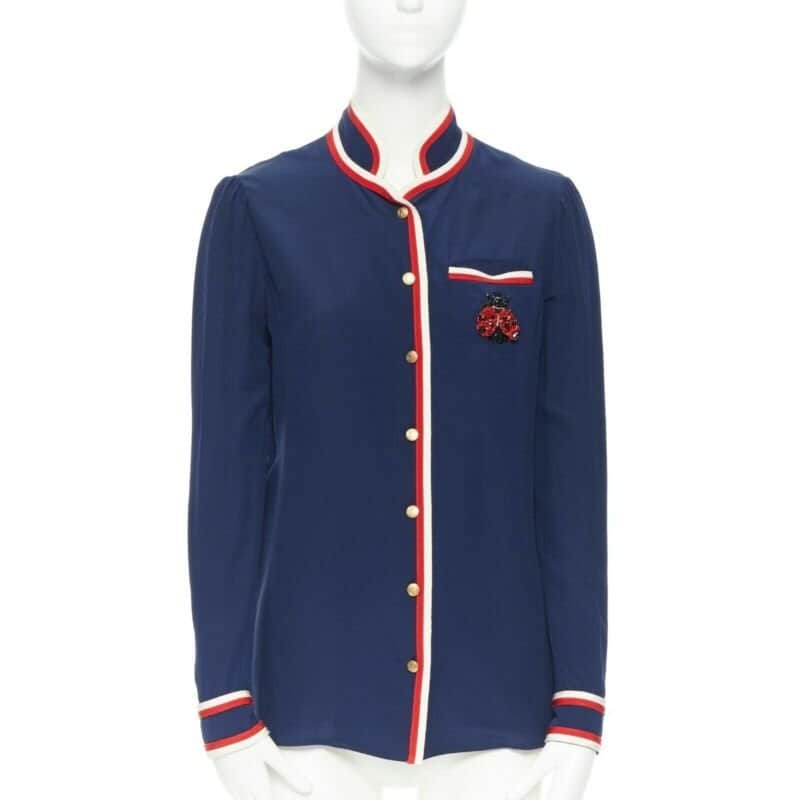 Gucci Ladybug Brooch Shirt Blue Silk Very good condition - Front View