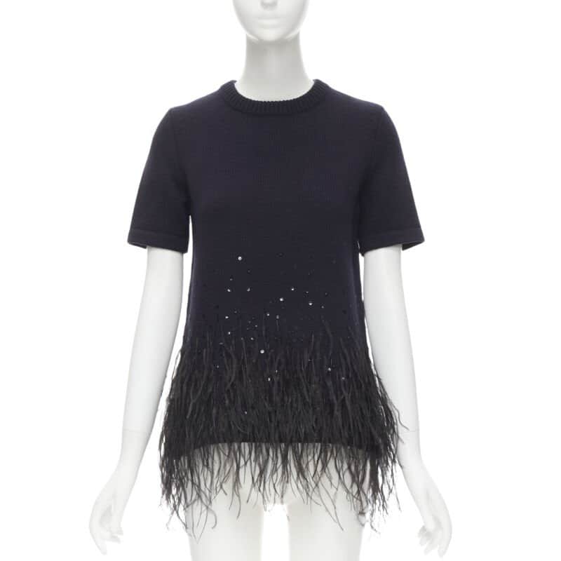 Michael Kors Feather Embellished Sweater Navy Cashmere Never worn - Front View