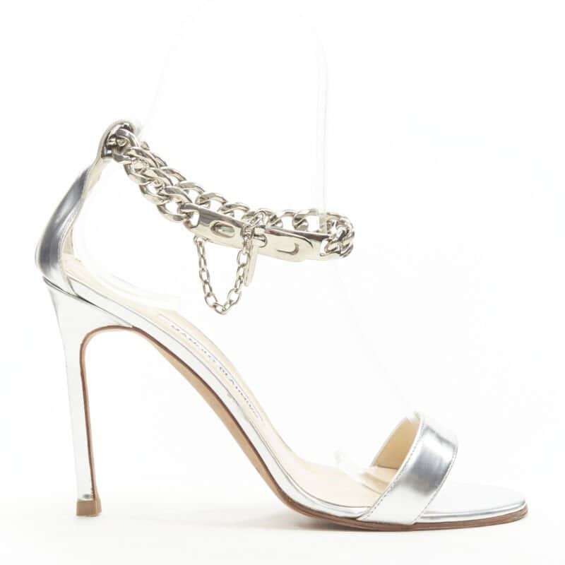Manolo Blahnik Chain Strap Sandals Silver Leather Good condition - Front View