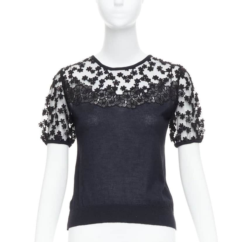 Giambattista Valli Floral Lace Sweater Black Cashmere Never worn - Front View