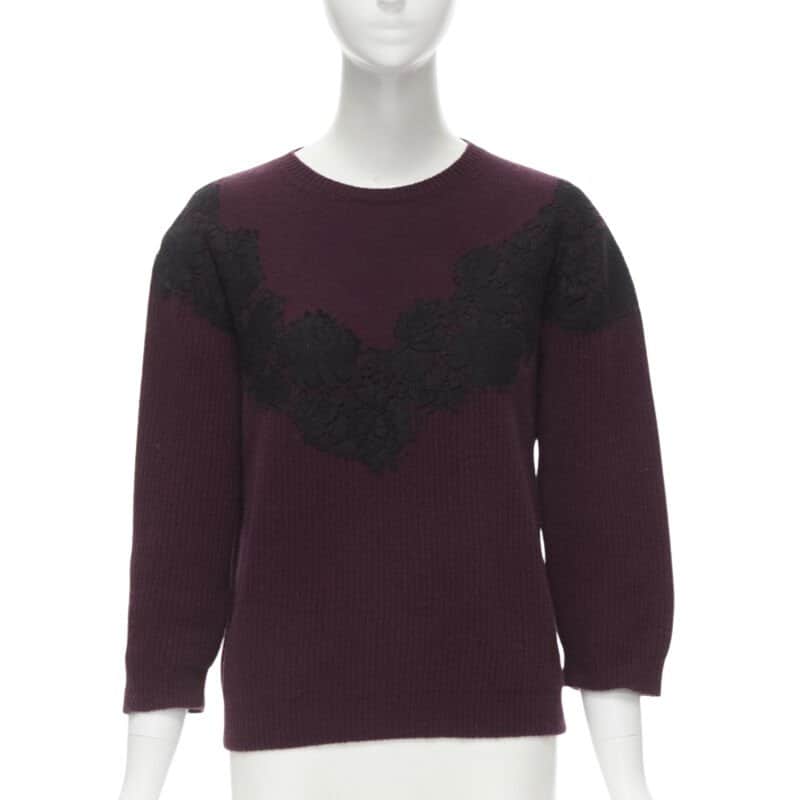VALENTINO GARAVANI Lace Applique Sweater Burgundy Wool Never worn - Front View