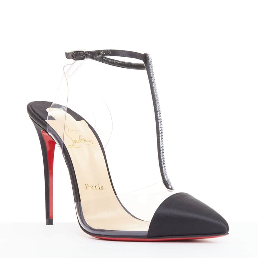 Christian Louboutin Nosy Strass 100 Crepe Satin PVC Black Silk Very good condition - Front View