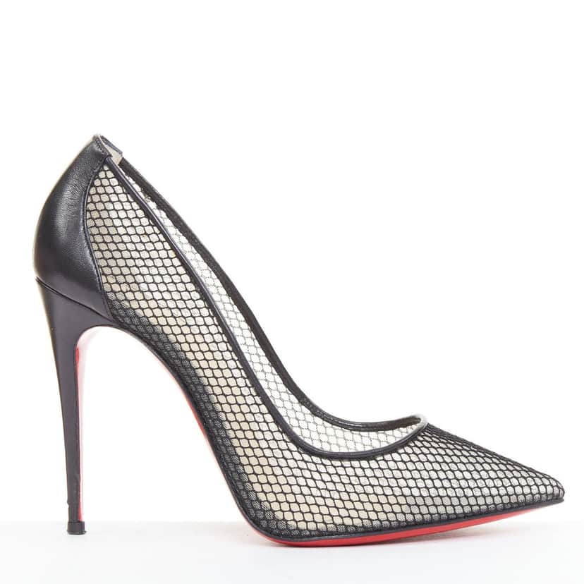 Christian Louboutin Follies Resille 100 Fishnet Pailette Black Leather Good condition - Front View
