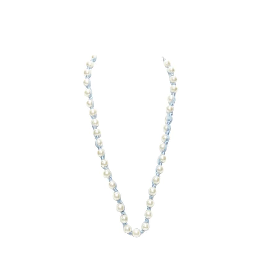 Lanvin Silk Ribbon Necklace Blue Pearl Never worn - Front View