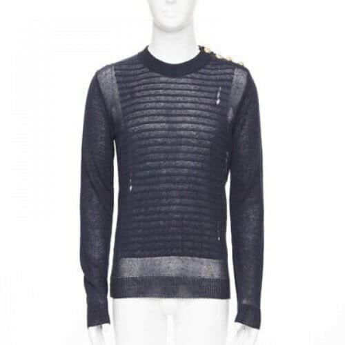 Balmain Military Button Sweater Black Linen Never worn, with tag - Front View
