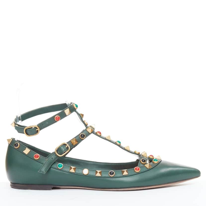 Valentino Rockstud Ballerina Green Leather Good condition - Front View