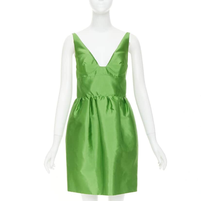Prada Sleeveless Mini Dress in F0089 Verde Green Silk Never worn, with tag - Front View