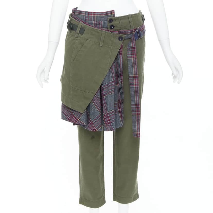 Sacai Deconstructed Kilt Pants Green Cotton Fair condition - Front View