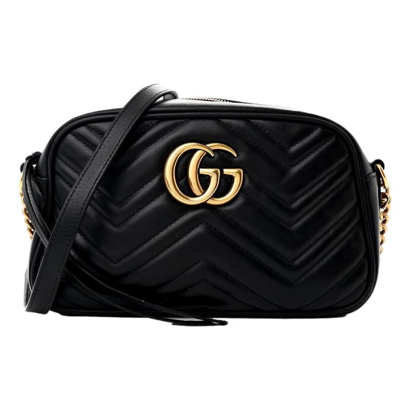 Gucci Gucci Calfskin Matelasse Small GG Marmont Chain Crossbody Bag Black Black Leather Good condition - Front View